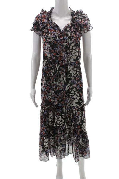 Misa Women Black Floral V Neck Tie Short Sleeve Maxi Dress Size M
