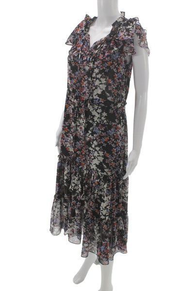 Misa Women Black Floral V Neck Tie Short Sleeve Maxi Dress Size M