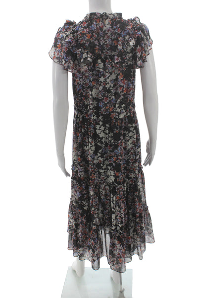 Misa Women Black Floral V Neck Tie Short Sleeve Maxi Dress Size M