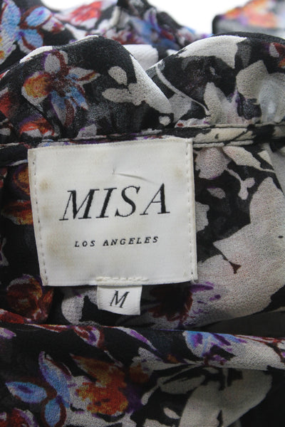 Misa Women Black Floral V Neck Tie Short Sleeve Maxi Dress Size M