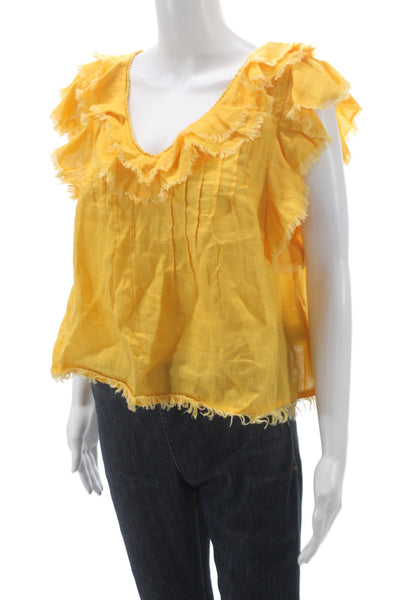 Faherty Women Yellow Linen V-Neck Sleeveless Blouse Bohemian Size S