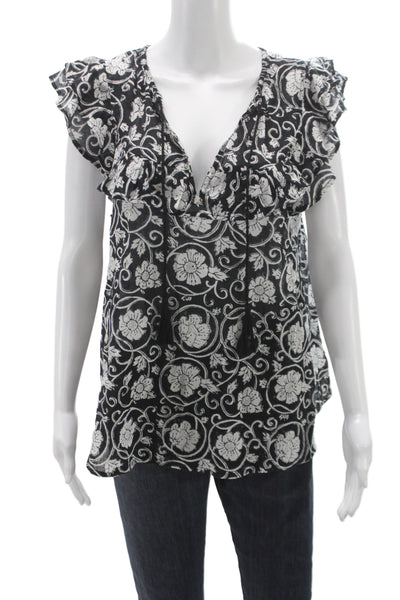India Collection Women Tunic Blouse Black Floral Sleeveless Size S