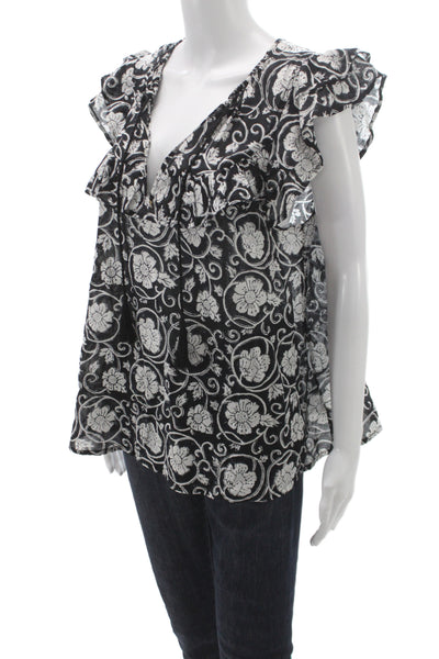 India Collection Women Tunic Blouse Black Floral Sleeveless Size S