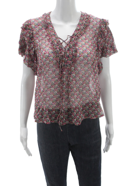 Zadig & Voltaire Women Silk Floral Vneck Laceup Short Sleeve Blouse Size M