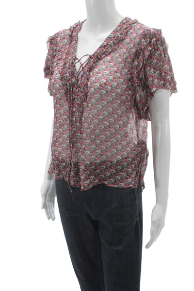 Zadig & Voltaire Women Silk Floral Vneck Laceup Short Sleeve Blouse Size M