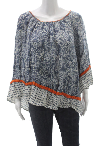 Calypso Saint Barth Women Tunic Blouse Blue Paisley Linen 3/4 Sleeve Size S