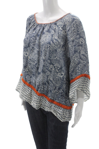 Calypso Saint Barth Women Tunic Blouse Blue Paisley Linen 3/4 Sleeve Size S