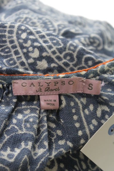 Calypso Saint Barth Women Tunic Blouse Blue Paisley Linen 3/4 Sleeve Size S