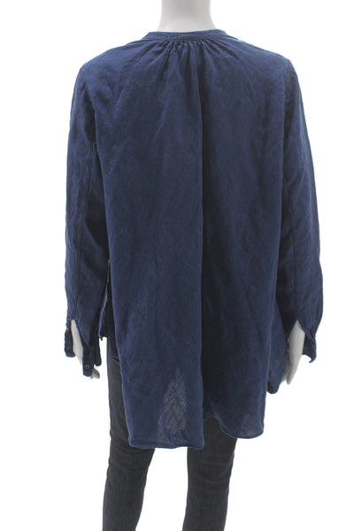 Aspesi Women Basic Blue 100% Linen Round Neck Long Sleeve Button-Up Size 12