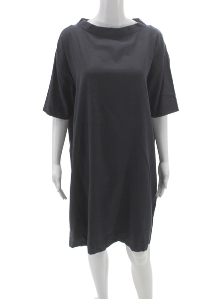 COS Womens Shift Dress Black Cupro Short Sleeve Boat Neck Mini Size 12