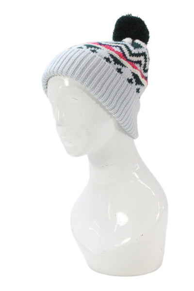 Tory Burch Womens Wool Striped Print Pom Pom Beanie Hat Blue Size OS