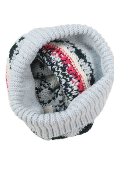 Tory Burch Womens Wool Striped Print Pom Pom Beanie Hat Blue Size OS