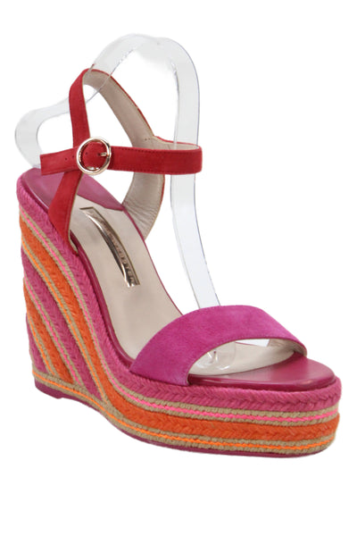 Sophia Webster Womens Suede Striped Print Ankle Buckled Wedge Heels Pink Size 10