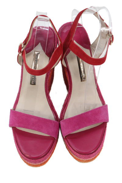 Sophia Webster Womens Suede Striped Print Ankle Buckled Wedge Heels Pink Size 10