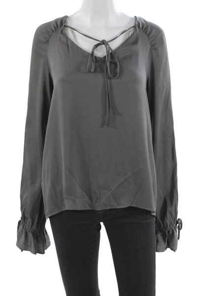 Milly Women Tunic Blouse Gray V-Neck Long Sleeve Tie Silk Size S