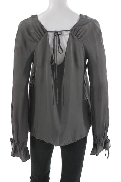 Milly Women Tunic Blouse Gray V-Neck Long Sleeve Tie Silk Size S