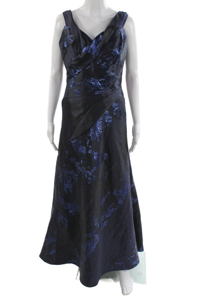 Rene Ruiz Women A-Line Floral V-Neck Blue Maxi Dress Size 6