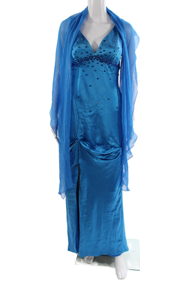 CD Greene Womens Satin V-Neck Maxi Dress Blue Sleeveless Size 6