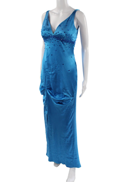 CD Greene Womens Satin V-Neck Maxi Dress Blue Sleeveless Size 6
