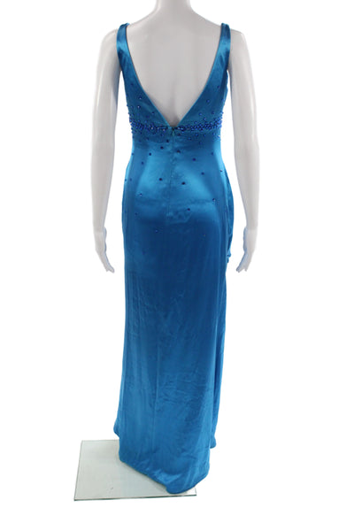 CD Greene Womens Satin V-Neck Maxi Dress Blue Sleeveless Size 6