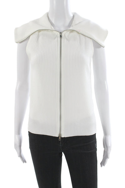 Zara Women Basic White Ribbed Knit Collared Sleeveless Blouse Size L