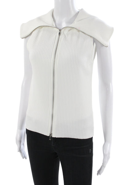 Zara Women Basic White Ribbed Knit Collared Sleeveless Blouse Size L
