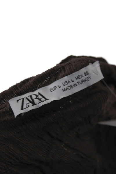 Zara Women Basic Brown Textured Short Sleeve Round Neck T-Shirt Size L