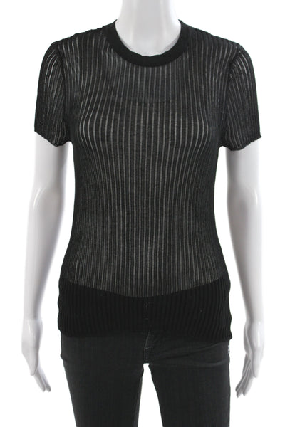 Zara Women Basic Striped Black Viscose Crew Neck Short Sleeve T-Shirt Size M