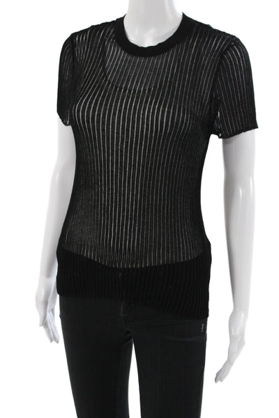 Zara Women Basic Striped Black Viscose Crew Neck Short Sleeve T-Shirt Size M