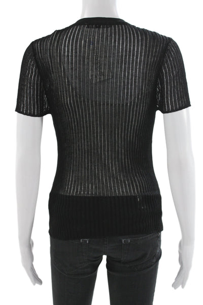 Zara Women Basic Striped Black Viscose Crew Neck Short Sleeve T-Shirt Size M