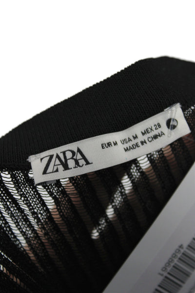 Zara Women Basic Striped Black Viscose Crew Neck Short Sleeve T-Shirt Size M