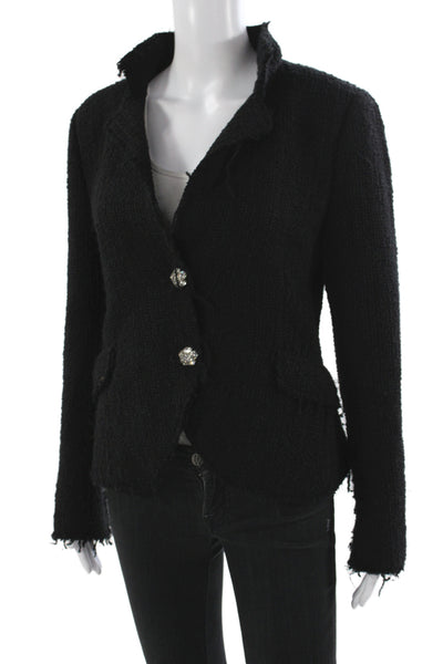Zara Womens Tweed Buttoned Long Sleeve Blazer Jacket Black Size 8