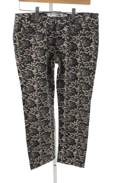 McQ Womens Cropped Black Floral Jeans Cotton Button Mid Rise 25 Inseam Size 27