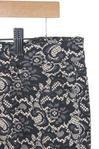 McQ Womens Cropped Black Floral Jeans Cotton Button Mid Rise 25 Inseam Size 27