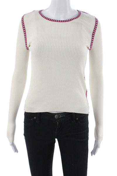 JED Womens Ivory Silk Striped Pullover Sweater Long Sleeve Round Neck Size S