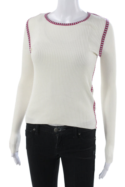 JED Womens Ivory Silk Striped Pullover Sweater Long Sleeve Round Neck Size S