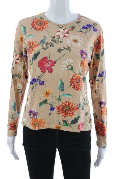 Oilily Womens Floral Jersey T-Shirt Beige Long Sleeve Crew Cotton Size XL