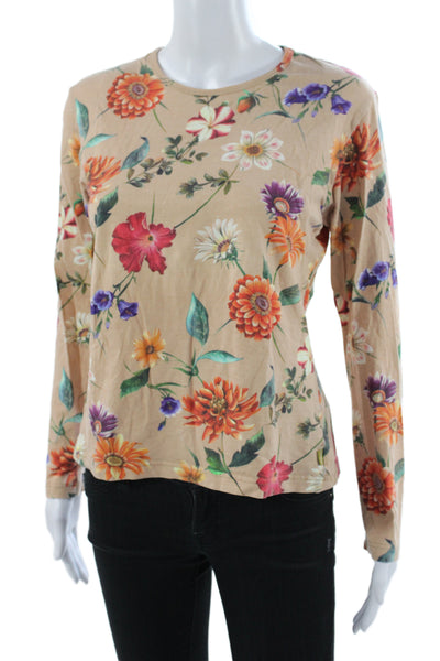 Oilily Womens Floral Jersey T-Shirt Beige Long Sleeve Crew Cotton Size XL