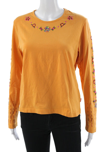 Oilily Womens Orange Floral Jersey T-Shirt Long Sleeve Crew Neck Size XL