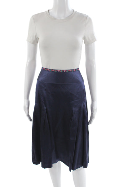 Oilily Women Pleated Silk Floral Knee Length Skirt Zip Blue Spring Size 42