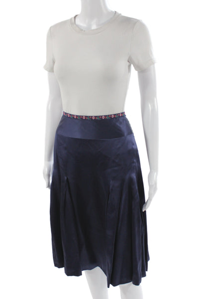 Oilily Women Pleated Silk Floral Knee Length Skirt Zip Blue Spring Size 42