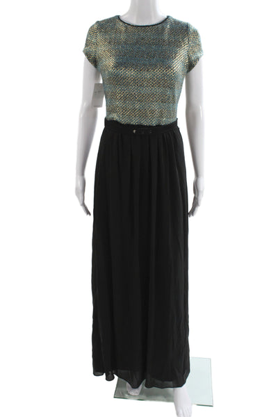 Belle Badgley Mischka Womens Black Metallic Maxi Dress Short Sleeve Size 4