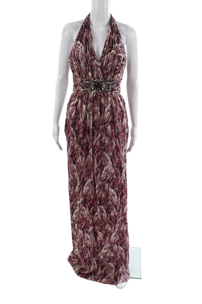 Badgley Mischka Women Maxi Halter Floral Silk Dress Multicolor Size 26