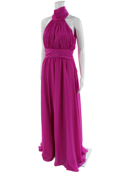 Bradley Mischka Women Maxi Chiffon Halter Dress Pink Zip Size 4