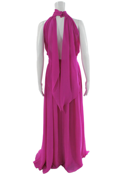Bradley Mischka Women Maxi Chiffon Halter Dress Pink Zip Size 4