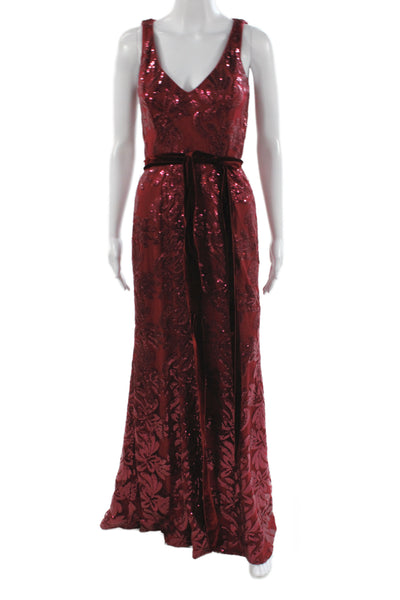 Belle Badgley Mischka Women Red Paisley V-Neck Maxi Dress Tie Size 4