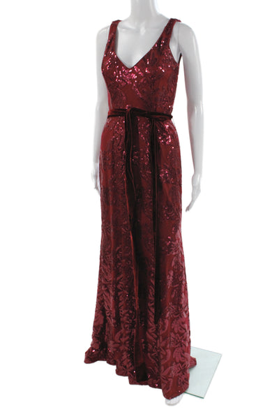 Belle Badgley Mischka Women Red Paisley V-Neck Maxi Dress Tie Size 4