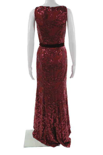 Belle Badgley Mischka Women Red Paisley V-Neck Maxi Dress Tie Size 4