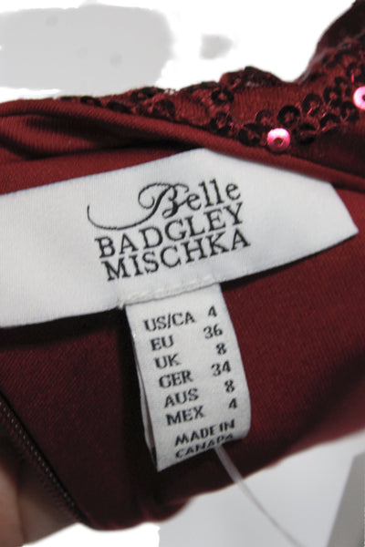 Belle Badgley Mischka Women Red Paisley V-Neck Maxi Dress Tie Size 4