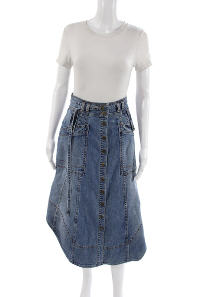Ulla Johnson Womens Blue A-Line Midi Skirt Button Closure Size 4